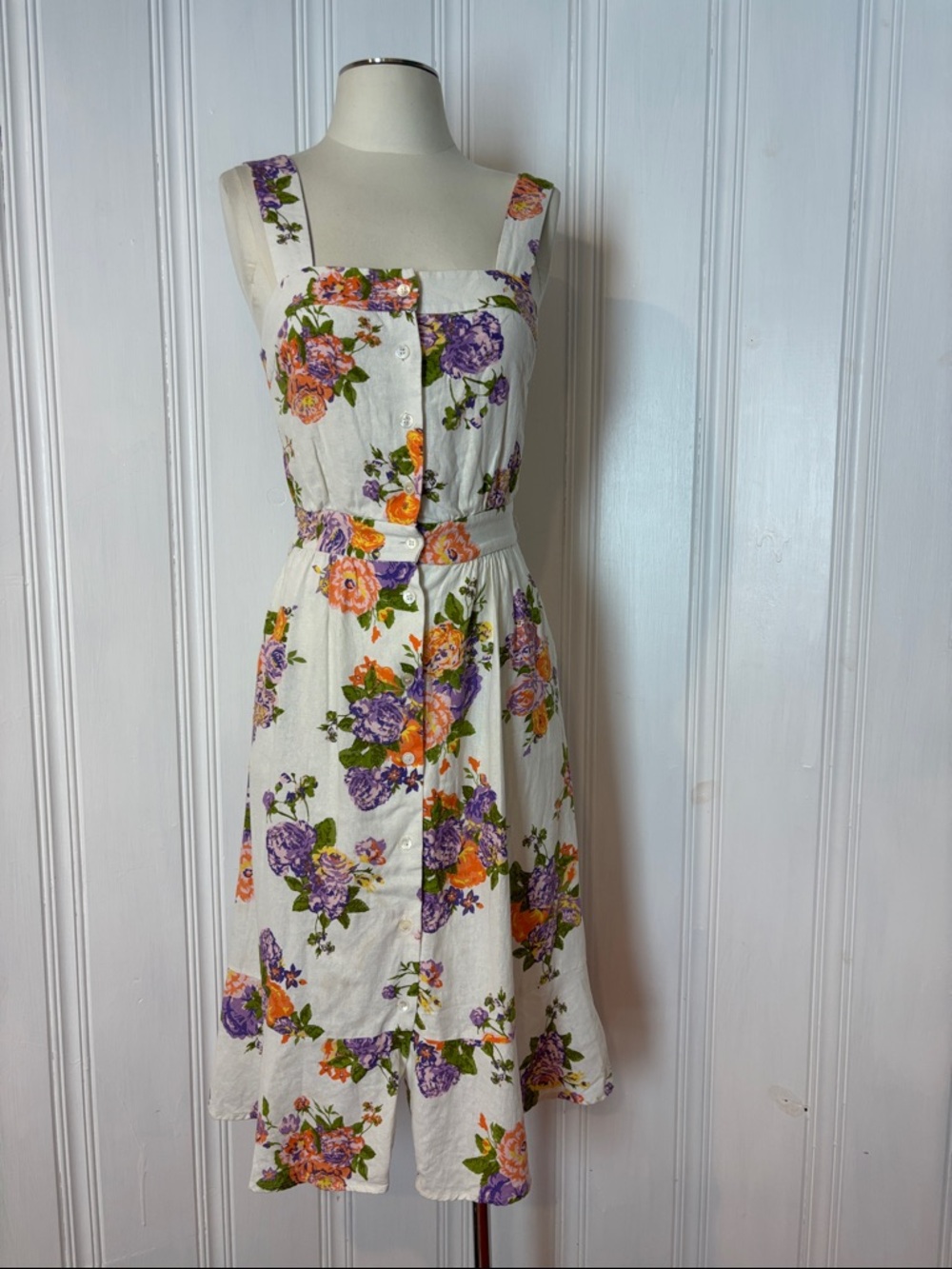 FRNCH Paris Floral Linen Cotton Blend Open Back Midi Dress - Size S.